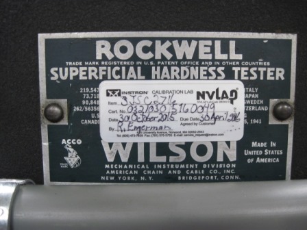 Hardness Tester, Wilson Rockwell, 3JS,approximately 9 Vertical Capacity, 5 1/4 Throat,150 LBS., Calibrated Oct 2015