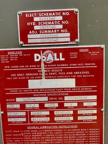 1 x 199 , Do All, 3612 H,30 - 5500 FPM,throat (band to column) 36 ,Max. work height 12 ,26.5 x 33.5 table,45 degree tilt